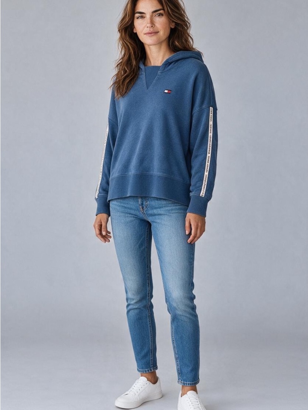 Tommy Hilfiger Dusty Blue Hooded Sweatshirt with Sleeve Tape